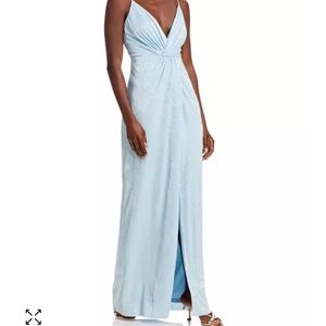 Light blue gown crisscross straps, lined, with slit